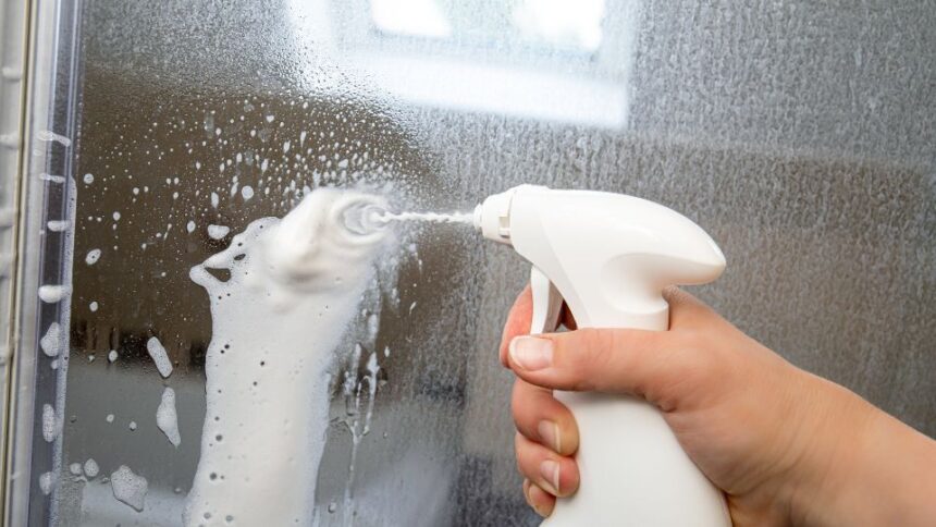 Egy kéz spray-t használ, hogy vízkőoldót fújjon egy üvegfelületre.