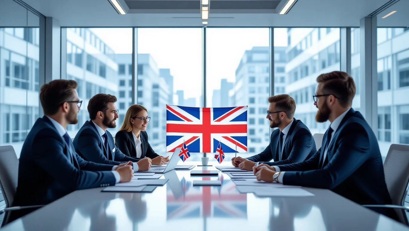 Üzleti megbeszélés Angliában, brit zászlóval a háttérben, formális öltözetben.