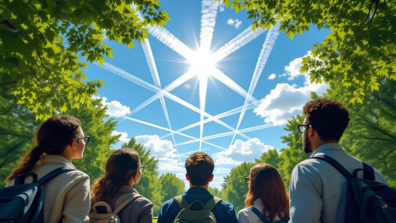 Fiatalok állnak egy zöld parkban, az égen chemtrail mintázatok láthatók.