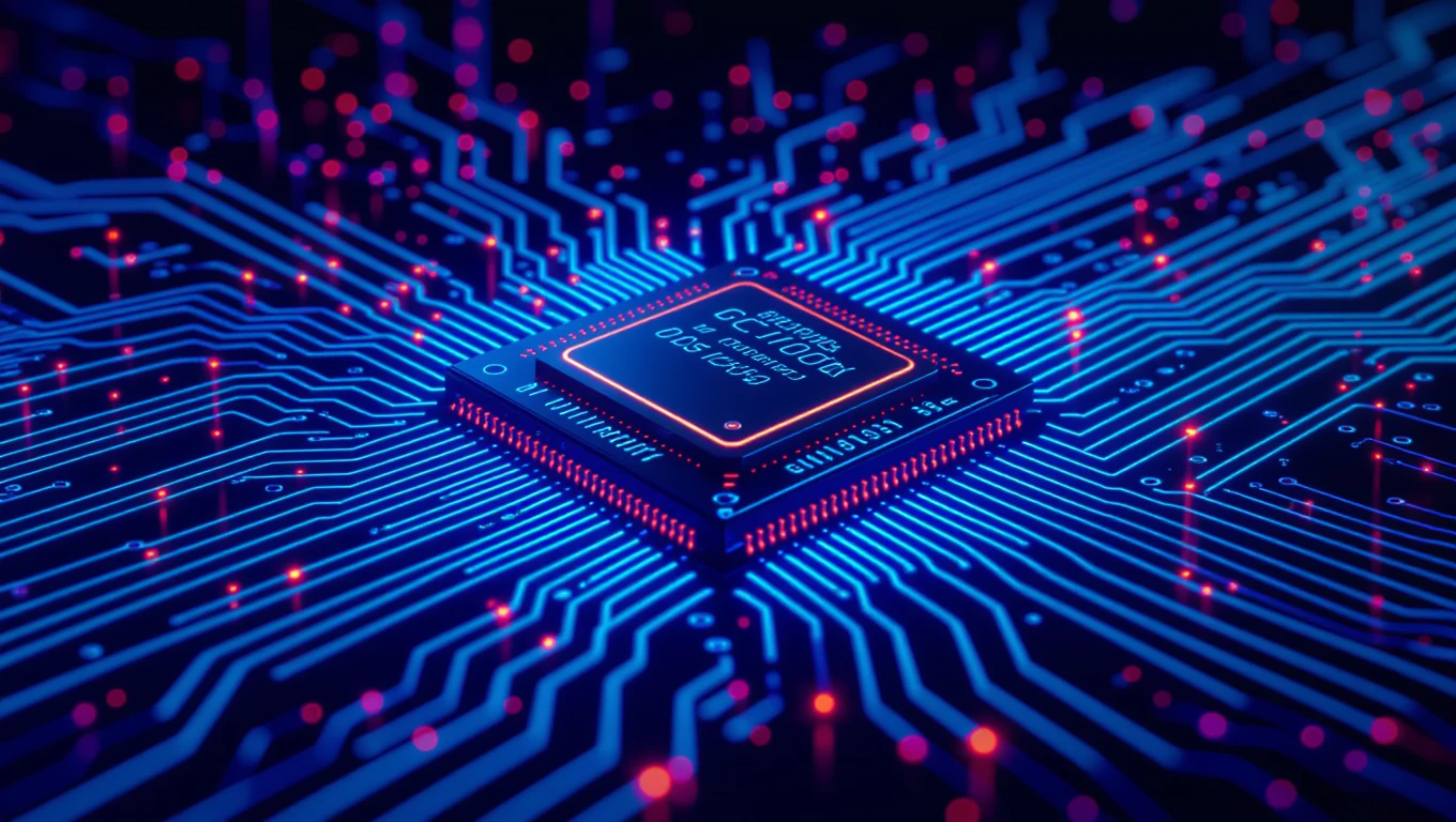 Egy modern mikrochip látható, amely körül kék és piros áramkörök futnak.