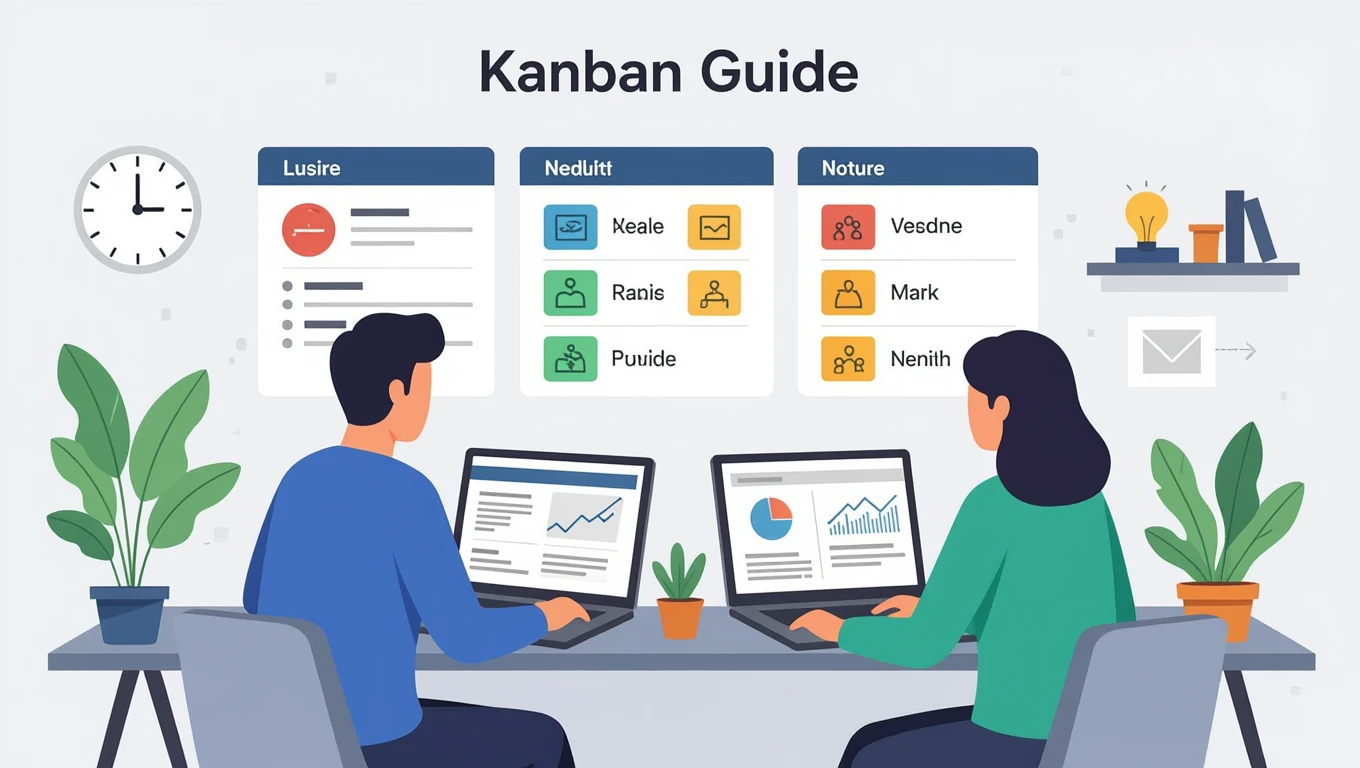 Két ember dolgozik számítógépen, kanban táblával a háttérben, amely a feladatokat mutatja.
