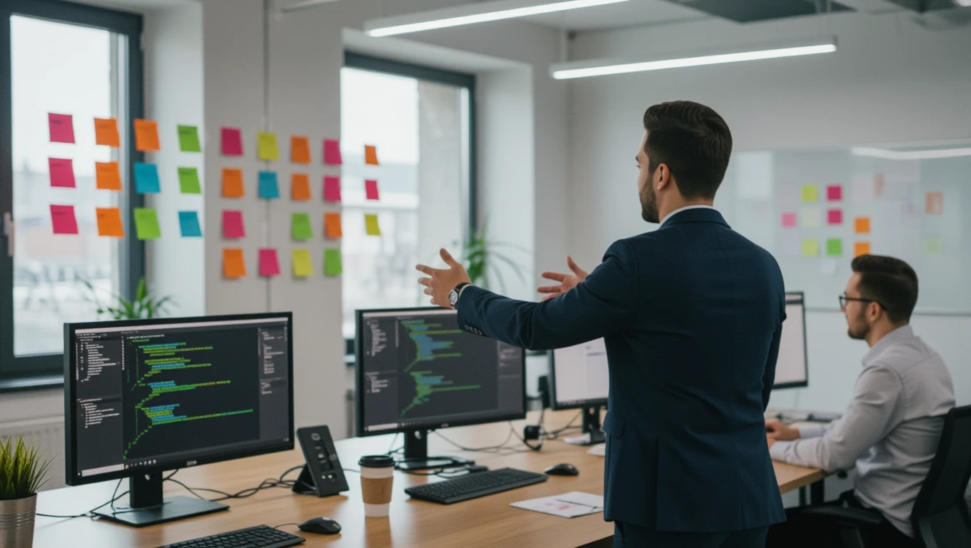 Egy férfi bemutatja a kanban rendszert egy modern irodában, háttérben színes poszt-it cetlikkel.