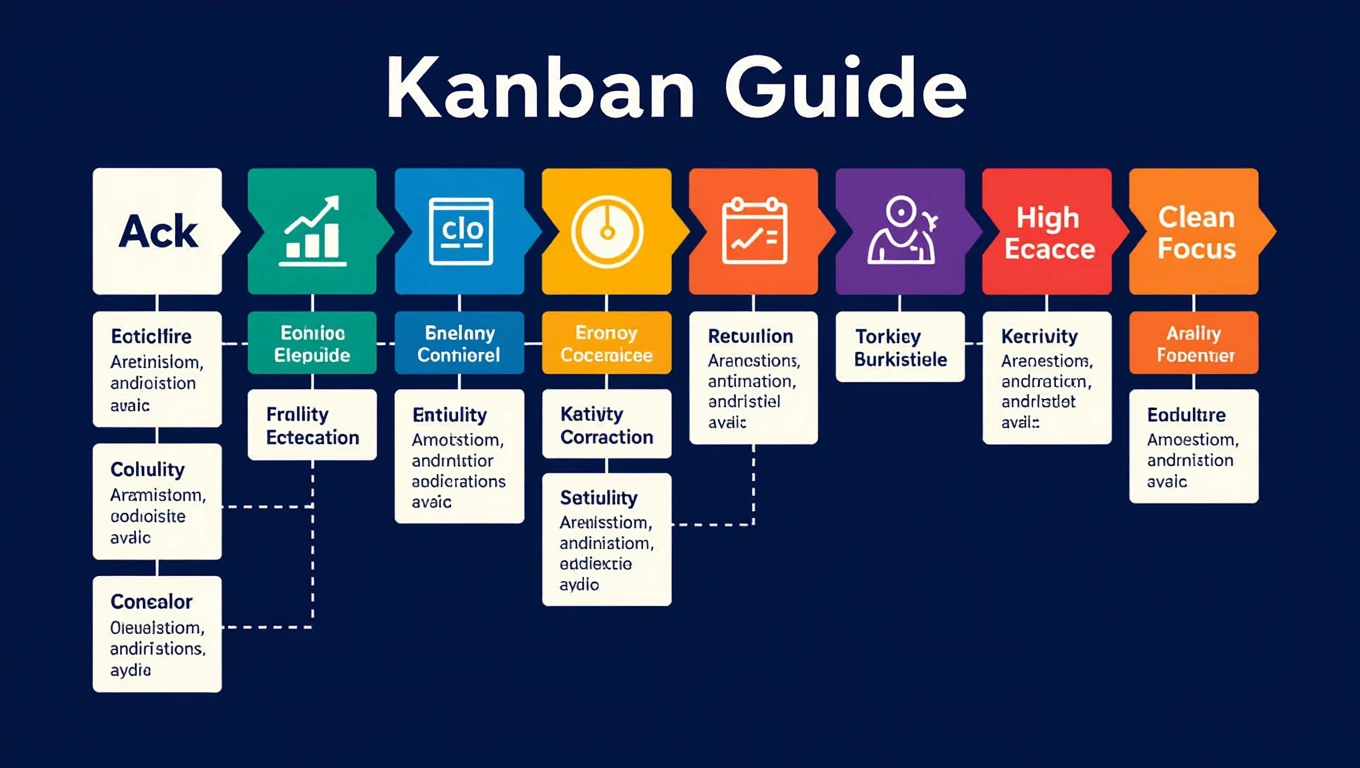 A Kanban rendszer elemeit bemutató grafika, színes blokkokkal és ikonokkal.