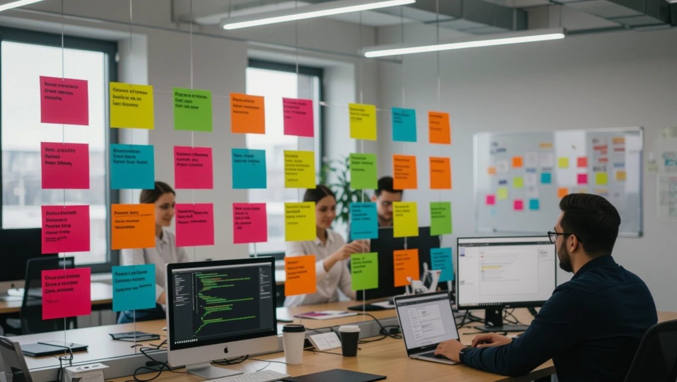 Egy modern irodában kanban táblát használnak, színes post-it cetlikkel a munkafolyamatok vizualizálására.