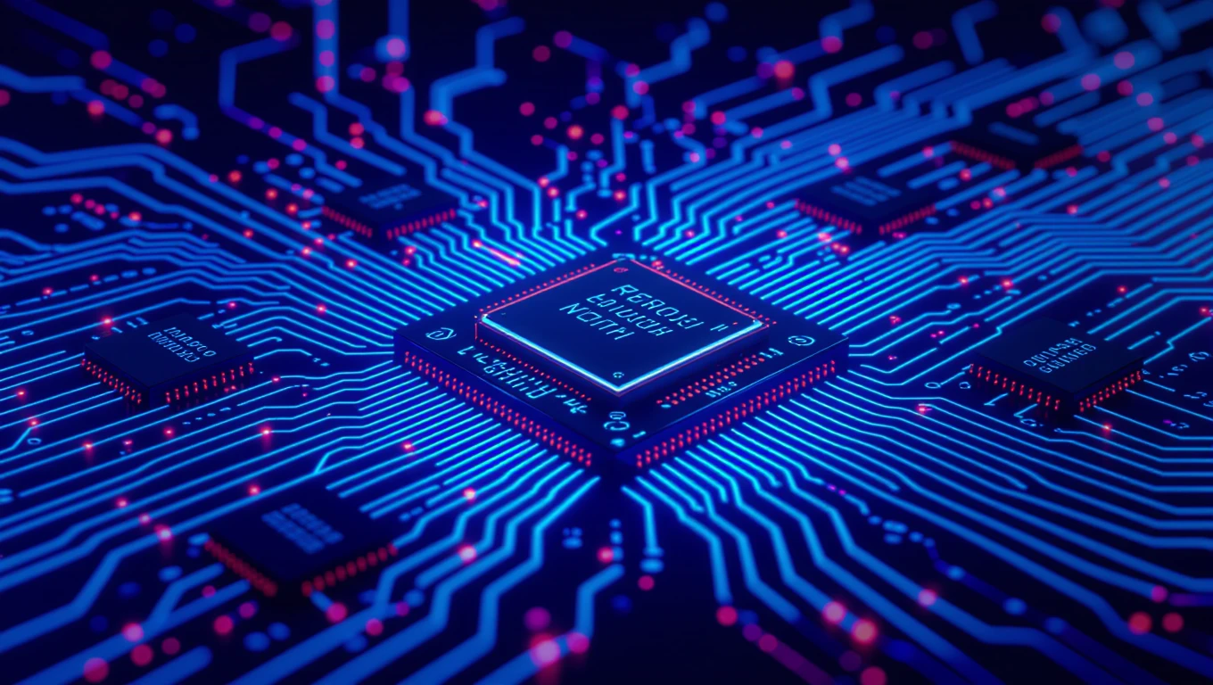 Egy modern áramkör, amelyen különböző chippek és fényes vezetékek láthatók, a háttérvilágítás technológiáját szimbolizálva.