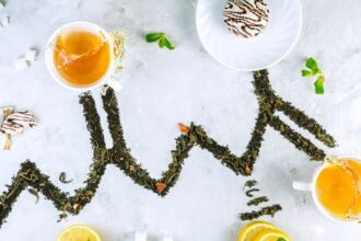 Két csésze tea, édességek és zöld tea levelek egyedi elrendezésben.