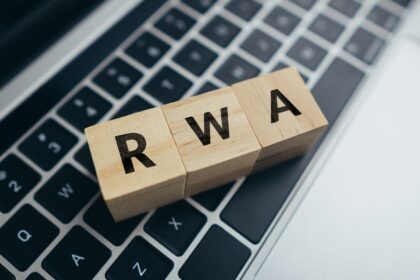 Fából készült RWA betűk egy laptop billentyűzetén, a pénzügyi kockázatok kezelésére utalva.