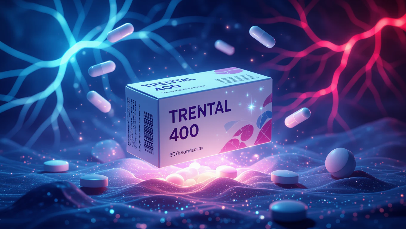 A Trental 400 doboza és különböző gyógyszerformák lebegnek egy színes, idegrendszeri háttér előtt.