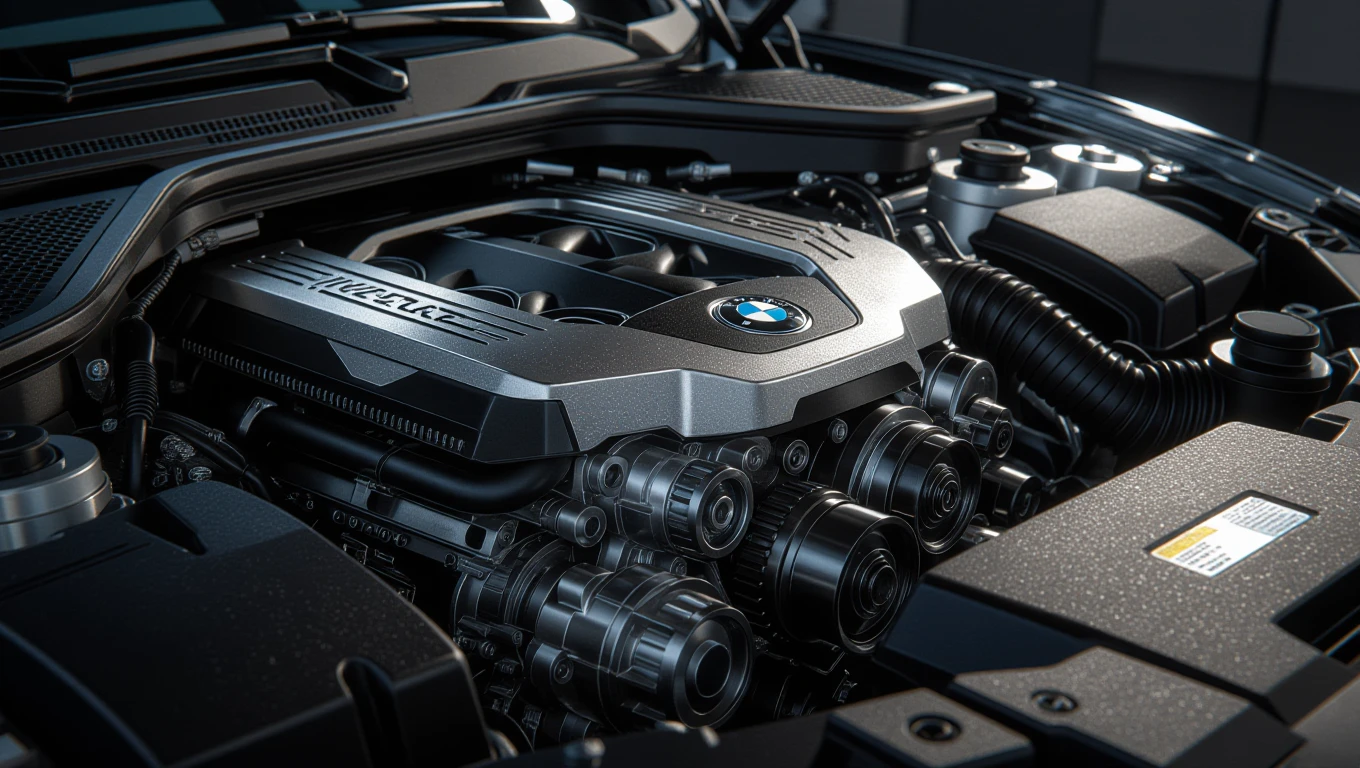 A BMW motor belső részletei, kiemelve a Valvetronic technológiát.