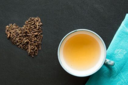 Egy csésze tea mellett szív alakú tealevél, ami a vízhajtó hatású italok szimbolikáját jelképezi.