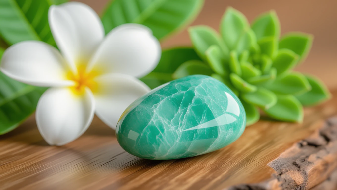 Egy sima, zöld amazonit kő, fehér virág és zöld növények között, természetes környezetben.