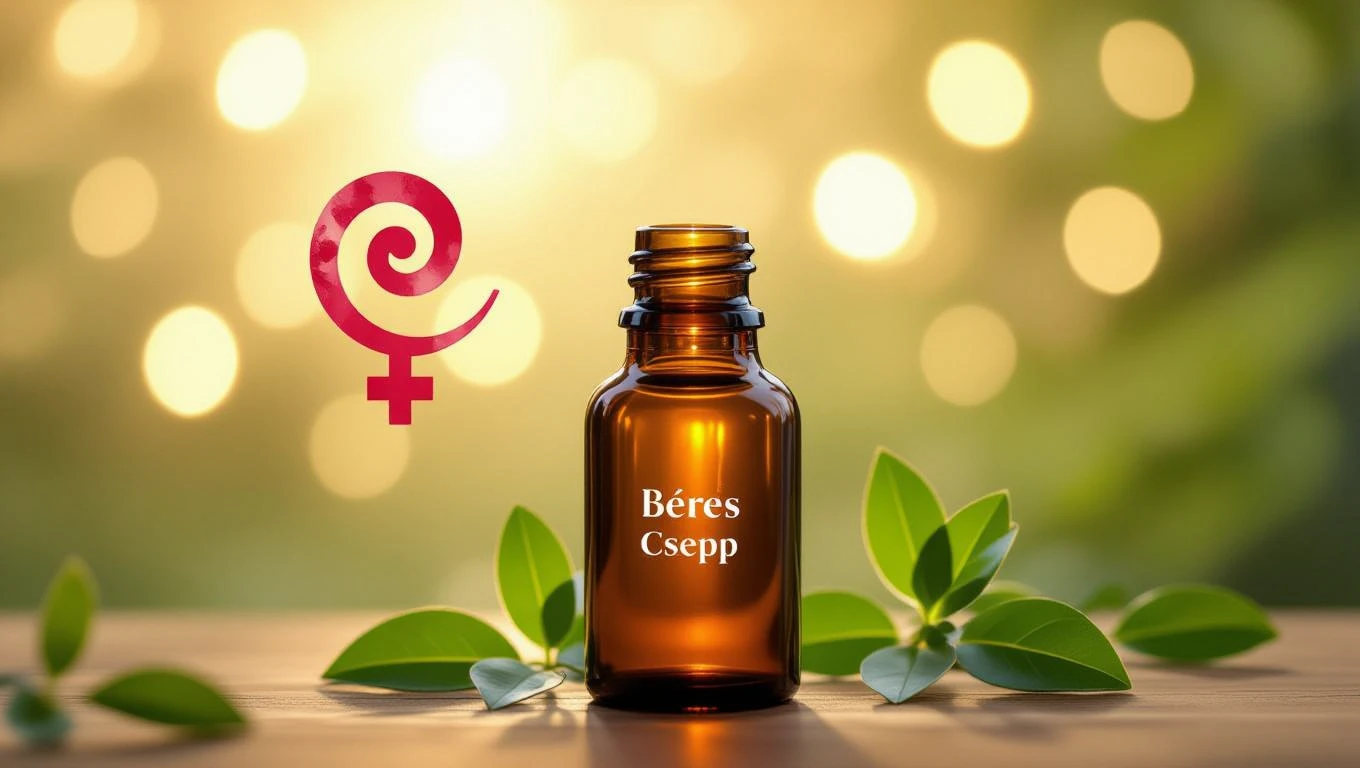Egy üveg Béres Csepp, zöld levelekkel körülvéve, háttérben lágy fényekkel.