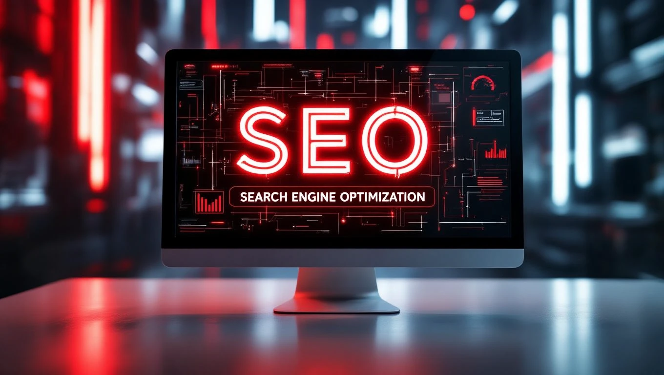Egy számítógép képernyőjén a SEO (keresőoptimalizálás) felirat látható, futurisztikus háttérrel.