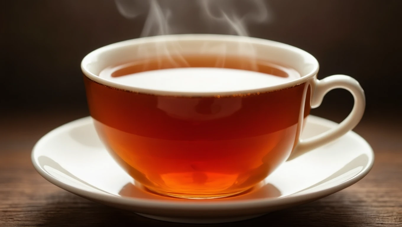 Gőzölgő, frissítő fekete tea egy fehér csészében, mellette egy tányéron.