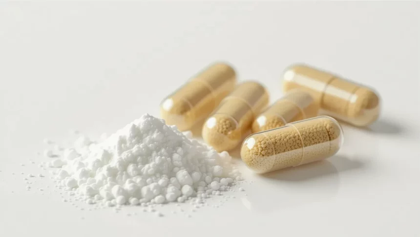 Kapszulák és por formájú magnézium-sztearát, étrend-kiegészítőkhez használva.