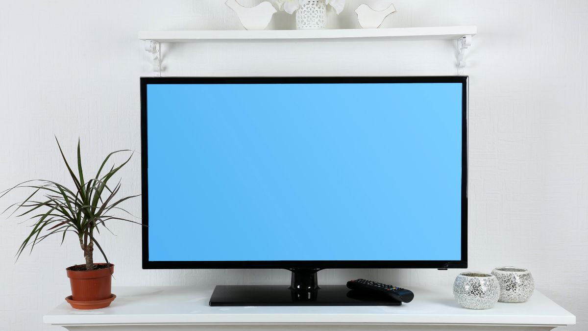 Egy plazma TV látható, kék háttérrel, mellette növény és dísztárgyak.