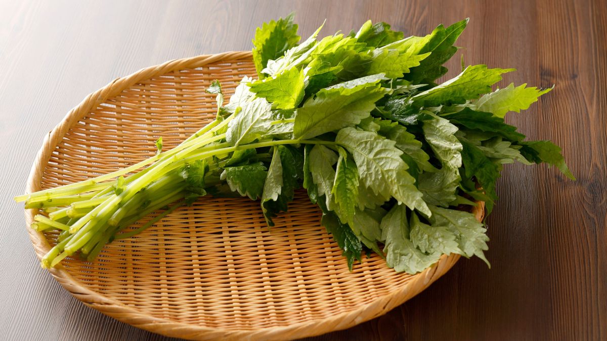 Friss zellerágak és levelek egy fonott kosárban, egészséges ételekhez.