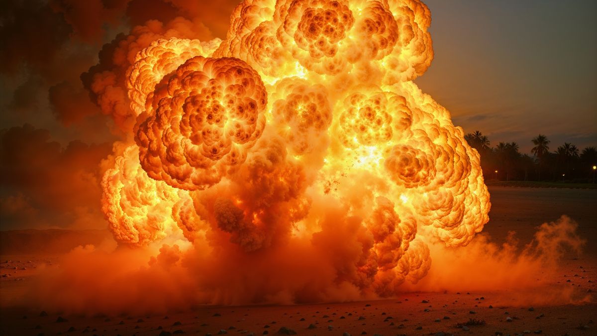Egy hatalmas atombomba robbanása, lángok és füst oszlanak el az égen.