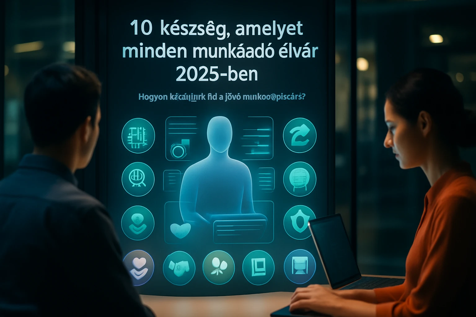 Két ember ül egy asztalnál, egy futurisztikus kijelző előtt, amely készségeket mutat.