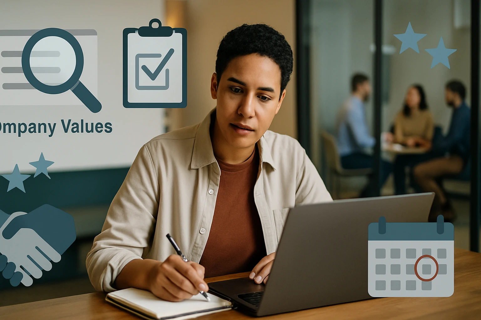 Egy fiatal férfi jegyzetel laptop előtt, háttérben céges értékek ikonokkal.