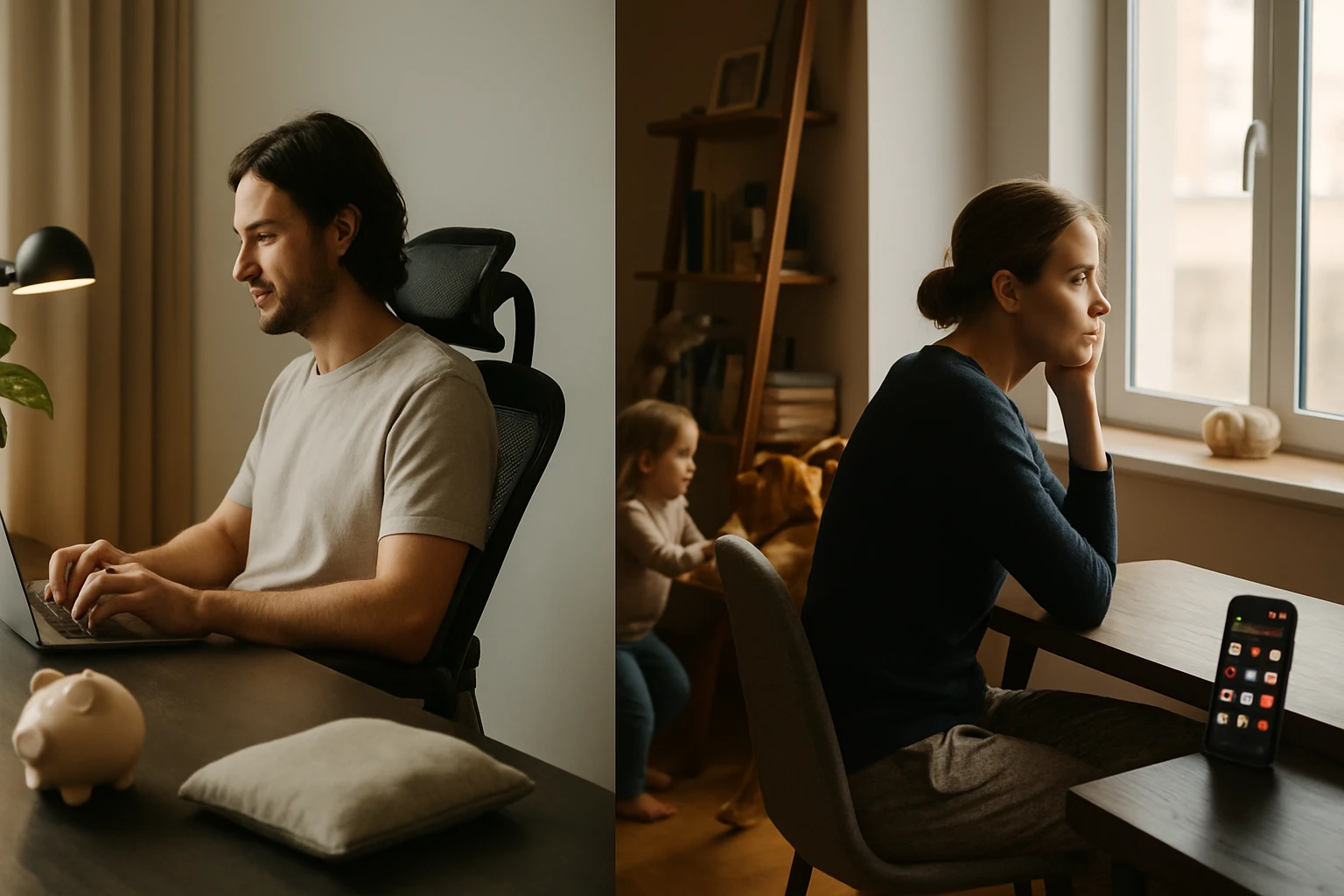 Egy férfi laptopot használ, míg egy nő az ablaknál ülve gondolkodik, háttérben gyerek és kutya.