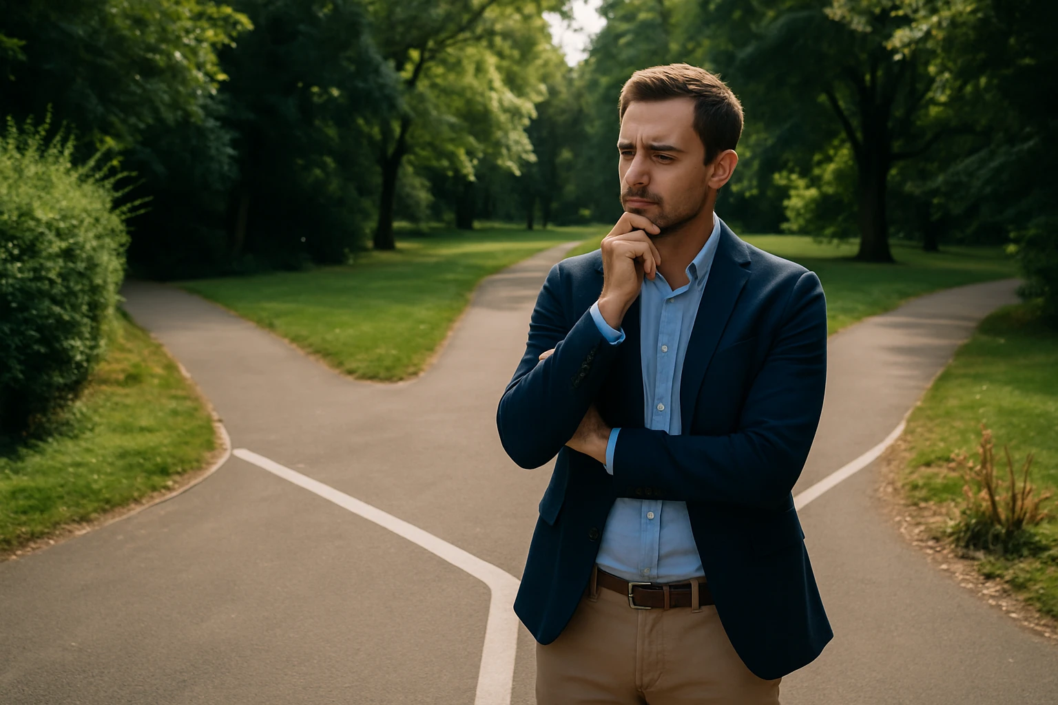 Egy férfi gondolkodik, miközben két útra néz egy parkban.