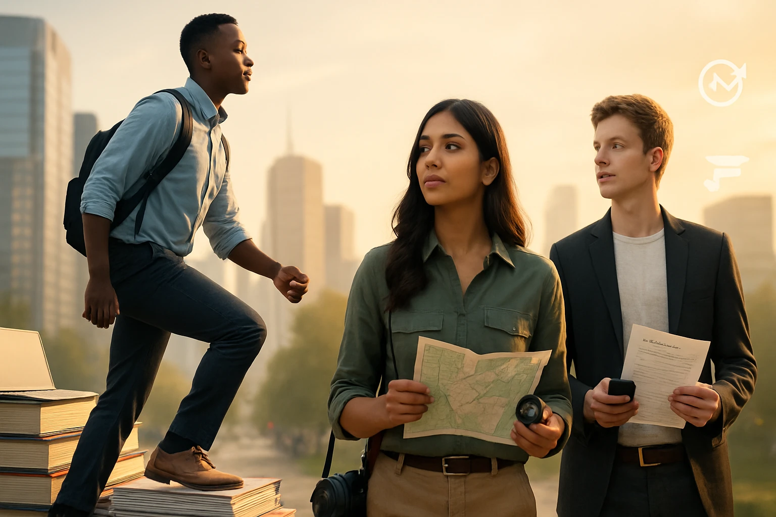 Három fiatal felnőtt városi környezetben, térképpel és telefonokkal, felfedezésre készülve.