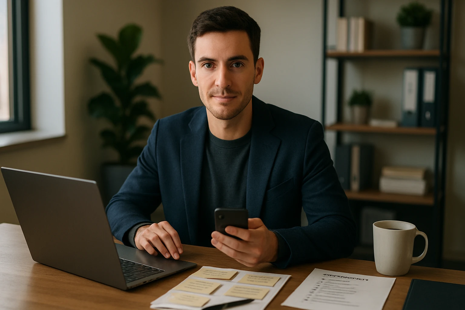 Egy fiatal férfi ül egy asztalnál, laptop előtt, telefonját nézi.