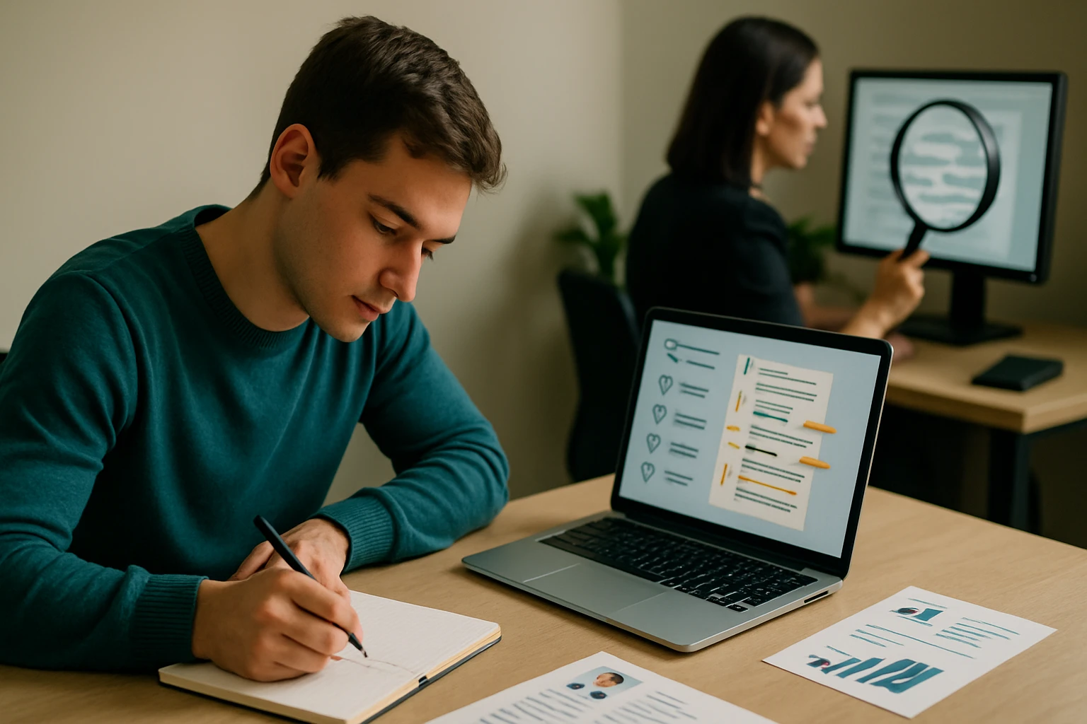 Egy fiatal férfi jegyzetel egy asztalnál, laptopja előtt, míg egy nő a háttérben dolgozik.