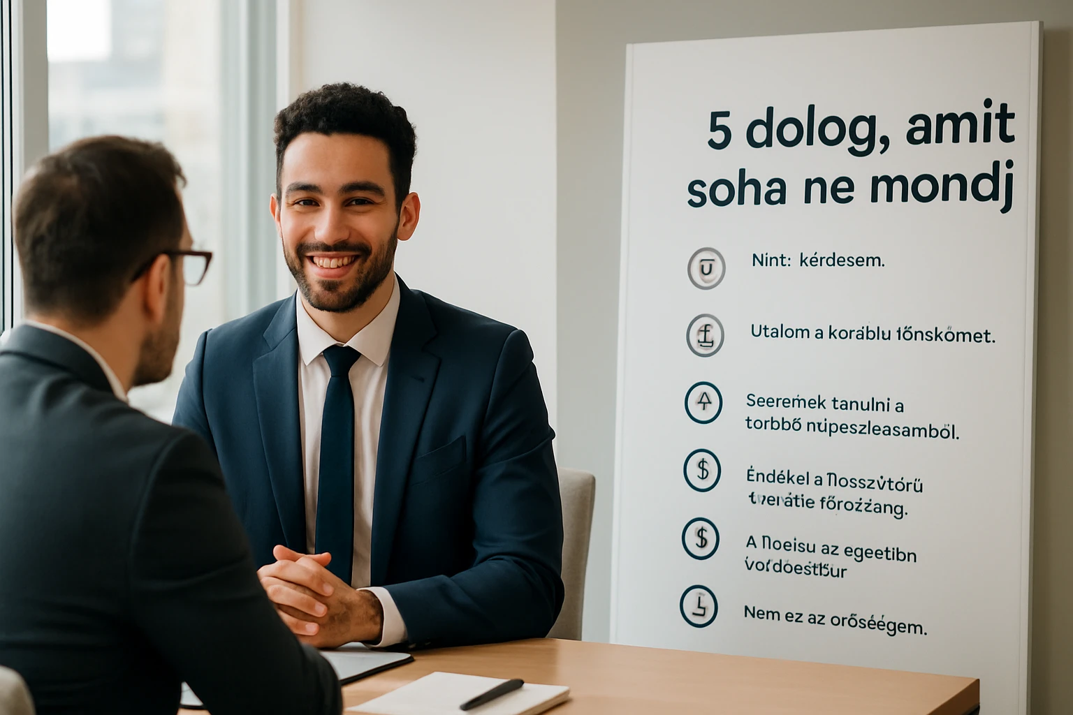 Két férfi ül egy asztalnál, az egyikük mosolyogva beszél, a háttérben egy táblán öt dolog látható, amit soha ne mondj.