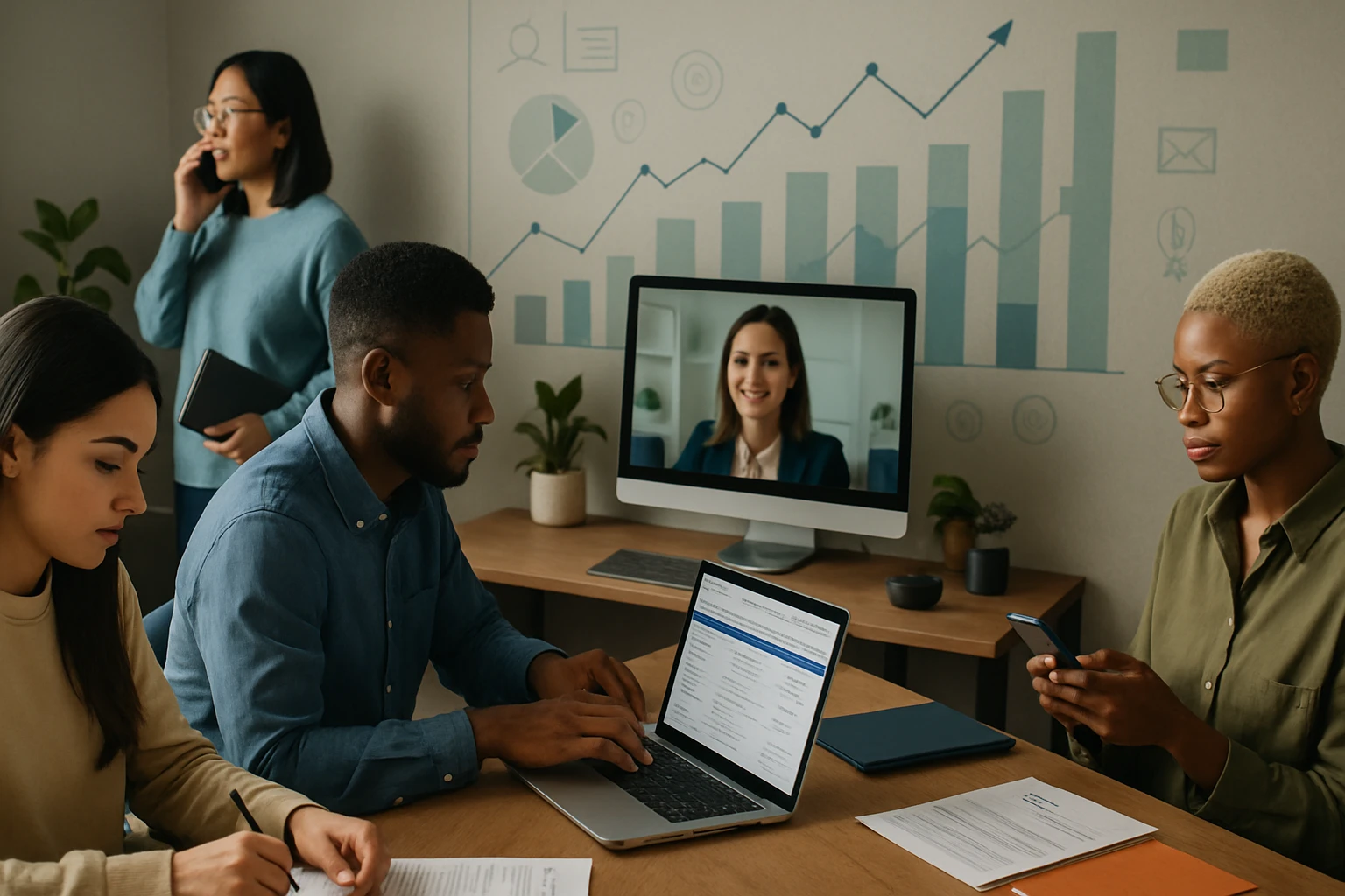 Egy modern irodai környezet, ahol négy ember dolgozik, videokonferencián vesznek részt.