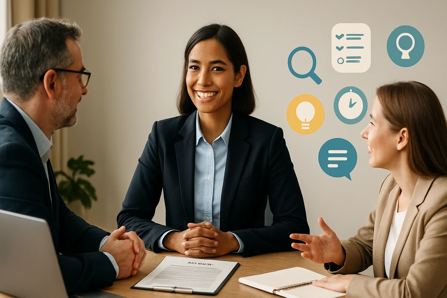 Két ember beszélget egy nővel, aki mosolyogva ül az asztalnál, háttérben szimbólumokkal.