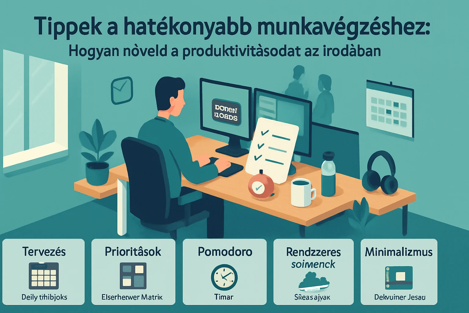 Egy férfi dolgozik az irodájában, két monitor előtt ülve, jegyzetekkel és kávéval.