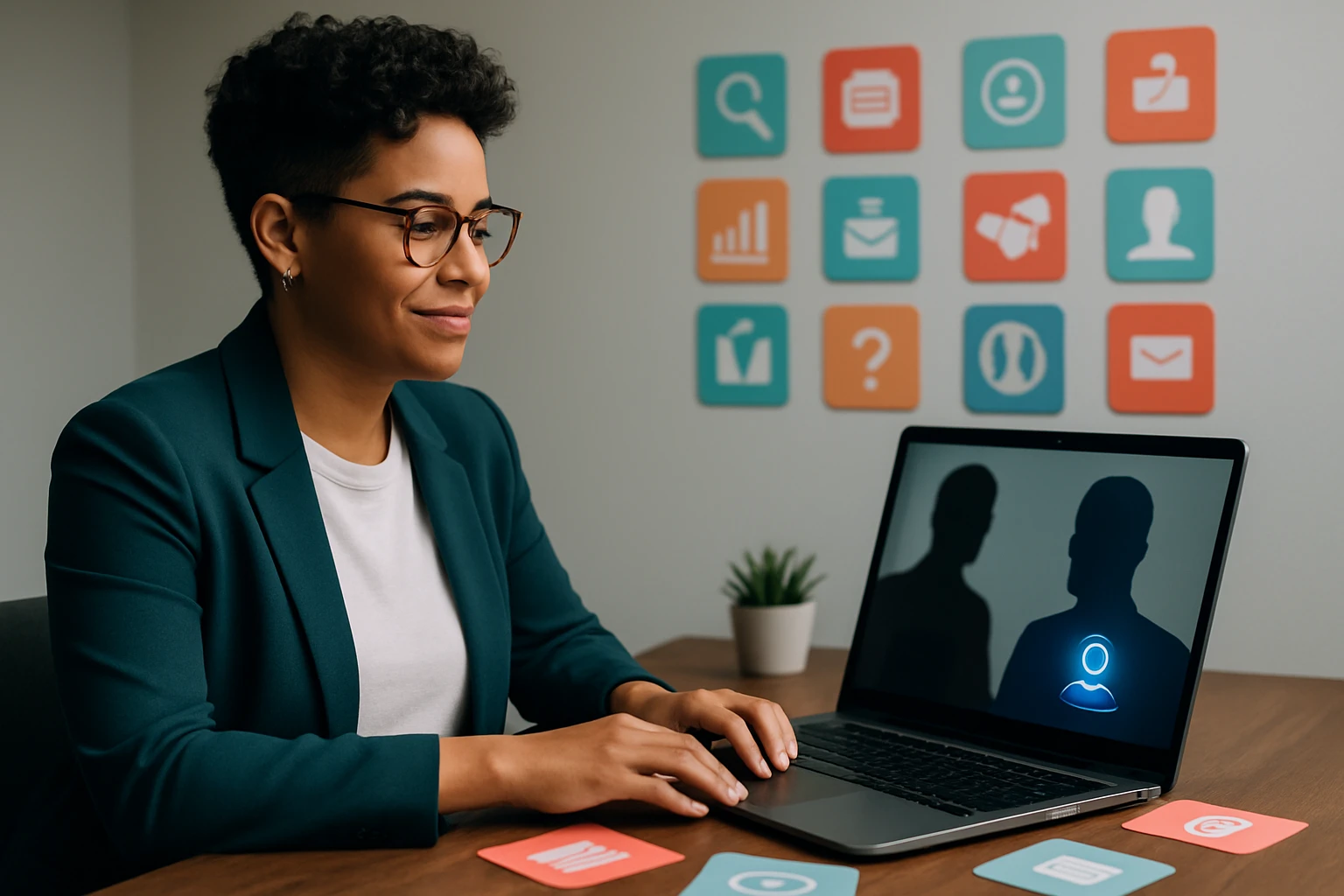 Egy fiatal nő ül egy asztalnál, laptop előtt, figyelmesen dolgozik.