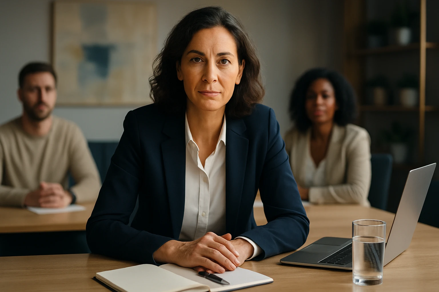 Egy női vezető ül egy tárgyalóasztalnál, komoly arccal, háttérben két kollégával.
