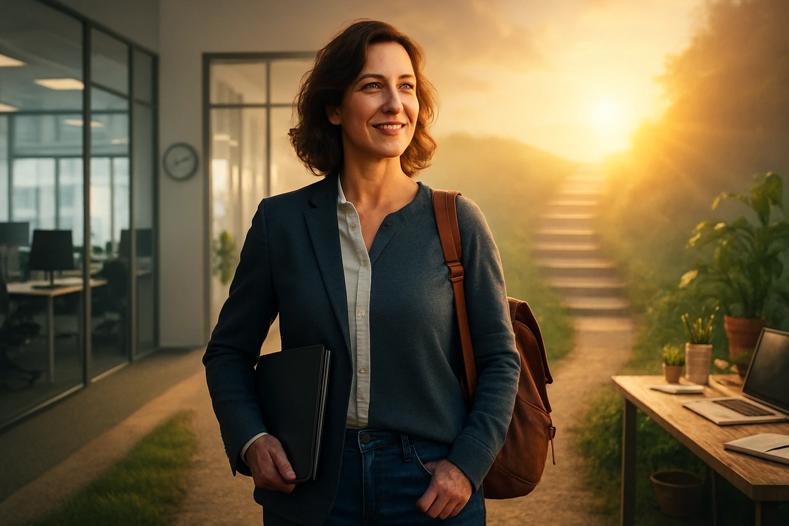Egy mosolygó nő áll egy modern irodában, kezében mappa, háttérben napfelkelte.