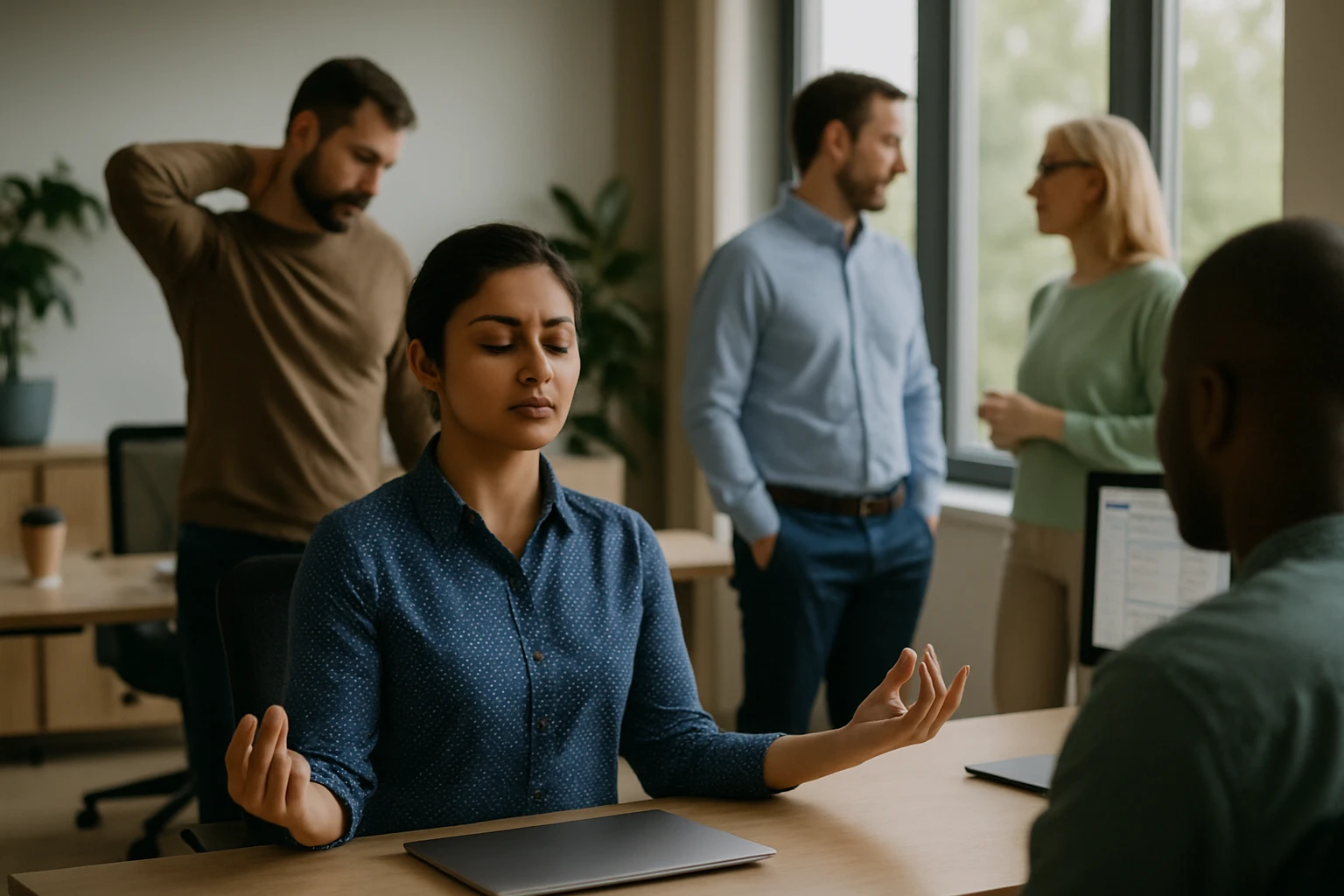 Egy nő meditál az irodában, míg mások beszélgetnek a háttérben.