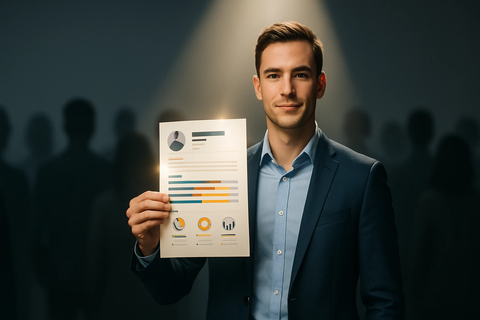 Egy fiatal férfi öltönyben, mosolyogva tart egy önéletrajzot a kezében.