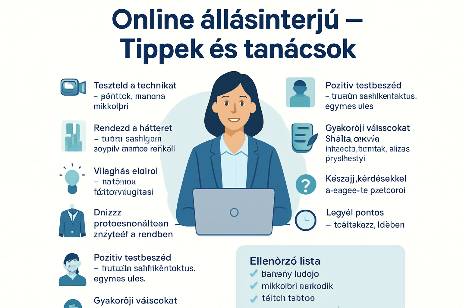 Egy nő ül egy számítógép előtt, online állásinterjúra készülve, tippekkel és tanácsokkal.