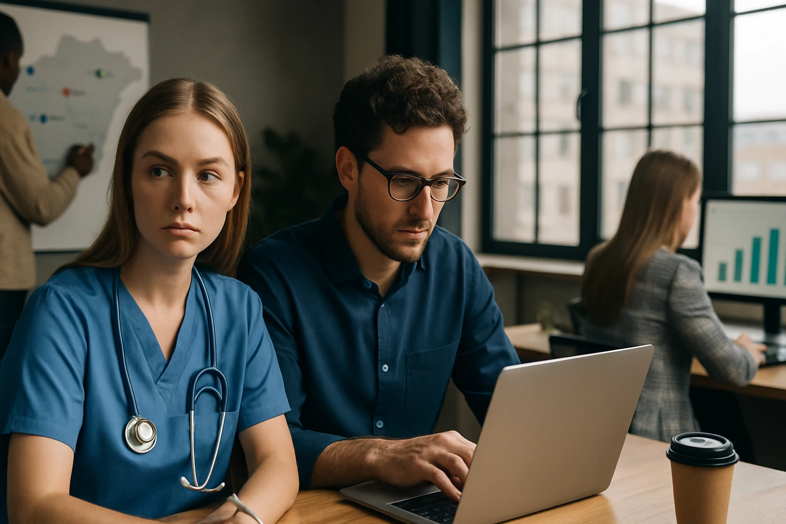 Egy orvos és egy férfi ül egy asztalnál, laptop előtt, figyelmesen dolgoznak.