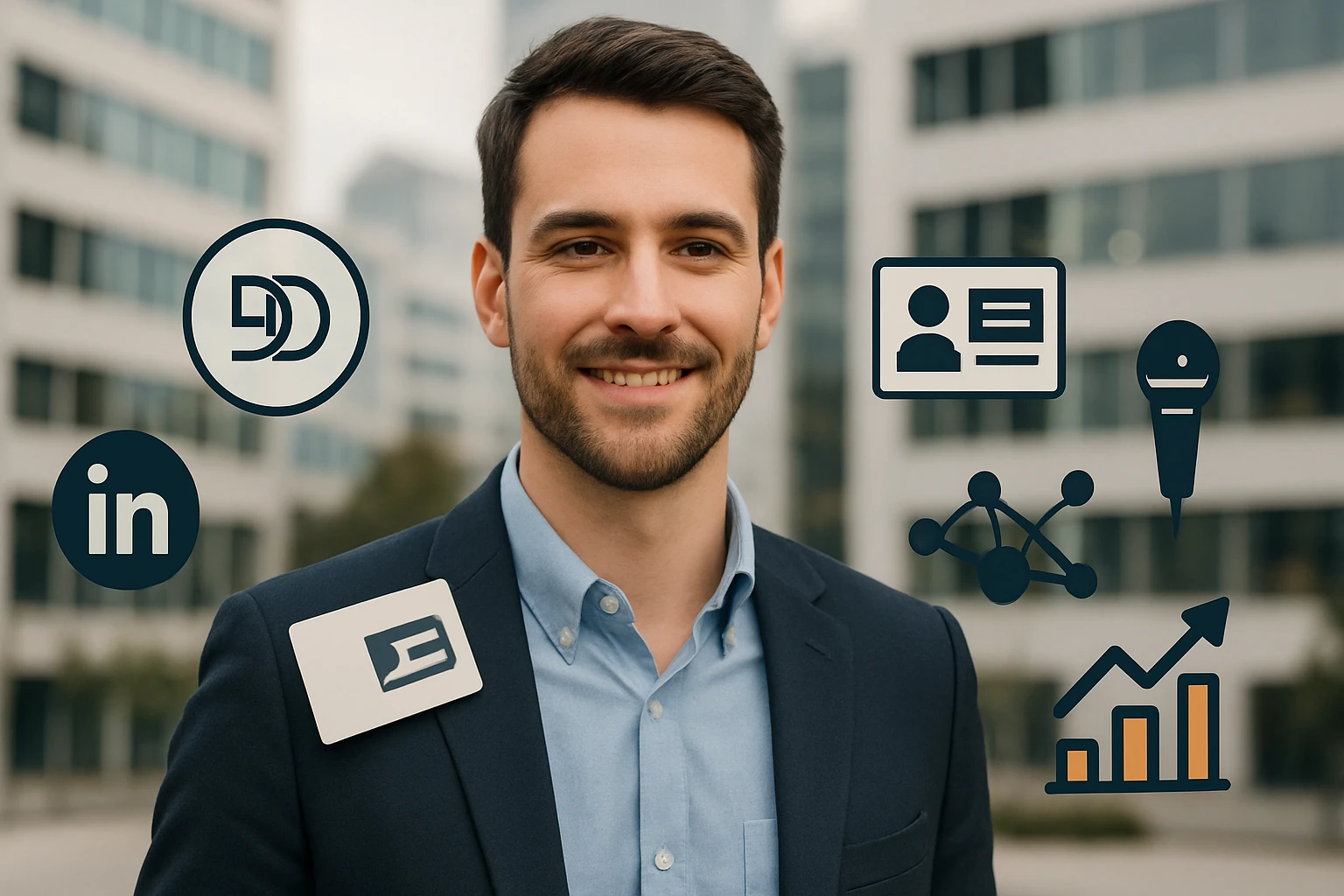 Egy fiatal férfi mosolyogva áll egy modern városi háttér előtt, különböző szimbólumokkal körülvéve.