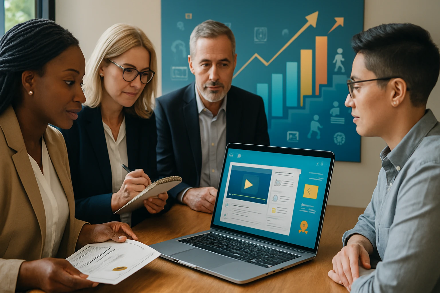 Négy felnőtt egy tárgyalóasztal körül ül, laptop előtt, prezentációt néznek.