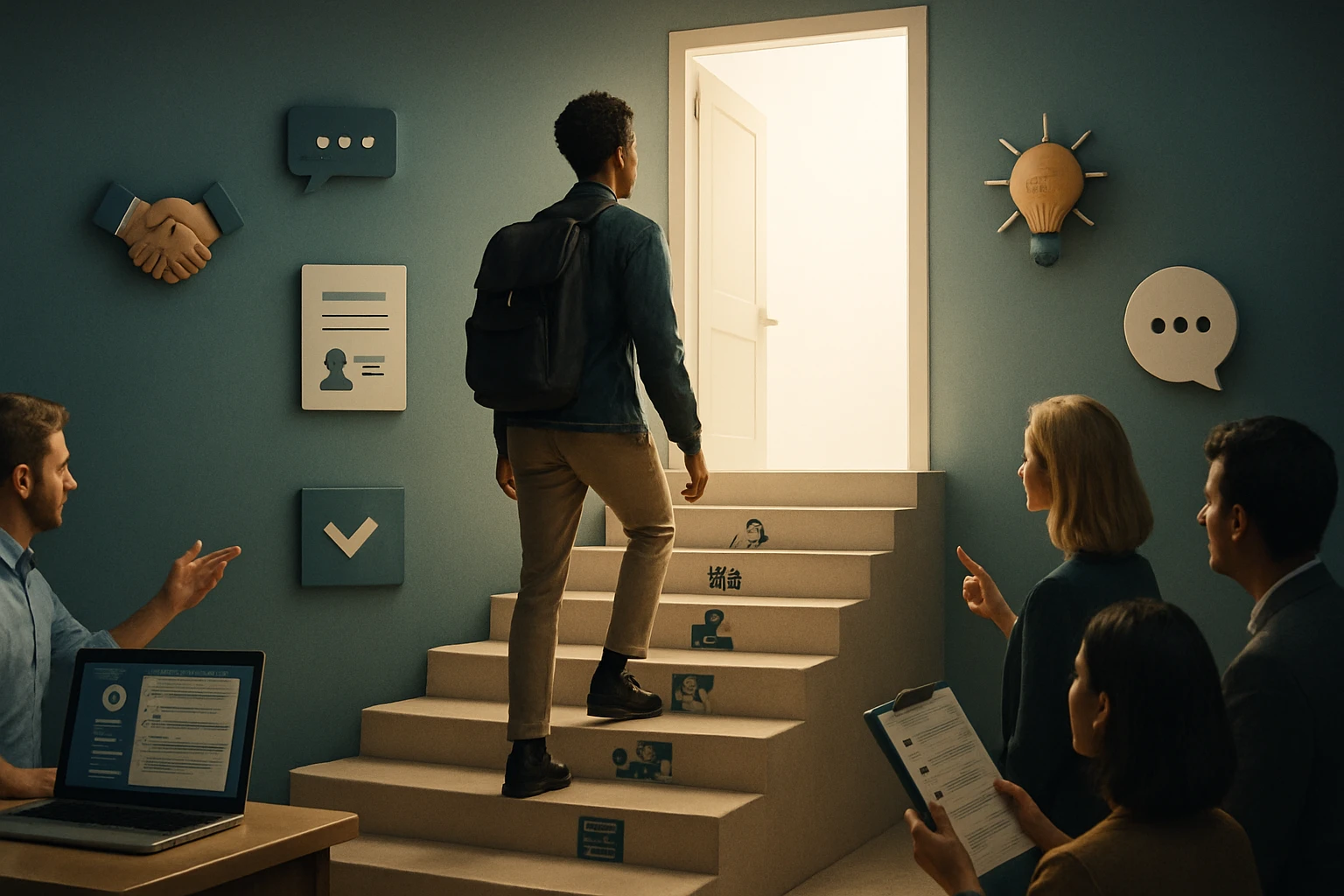 Egy fiatal férfi lép a lépcsőn, mögötte emberek figyelik, a falon ikonok láthatók.