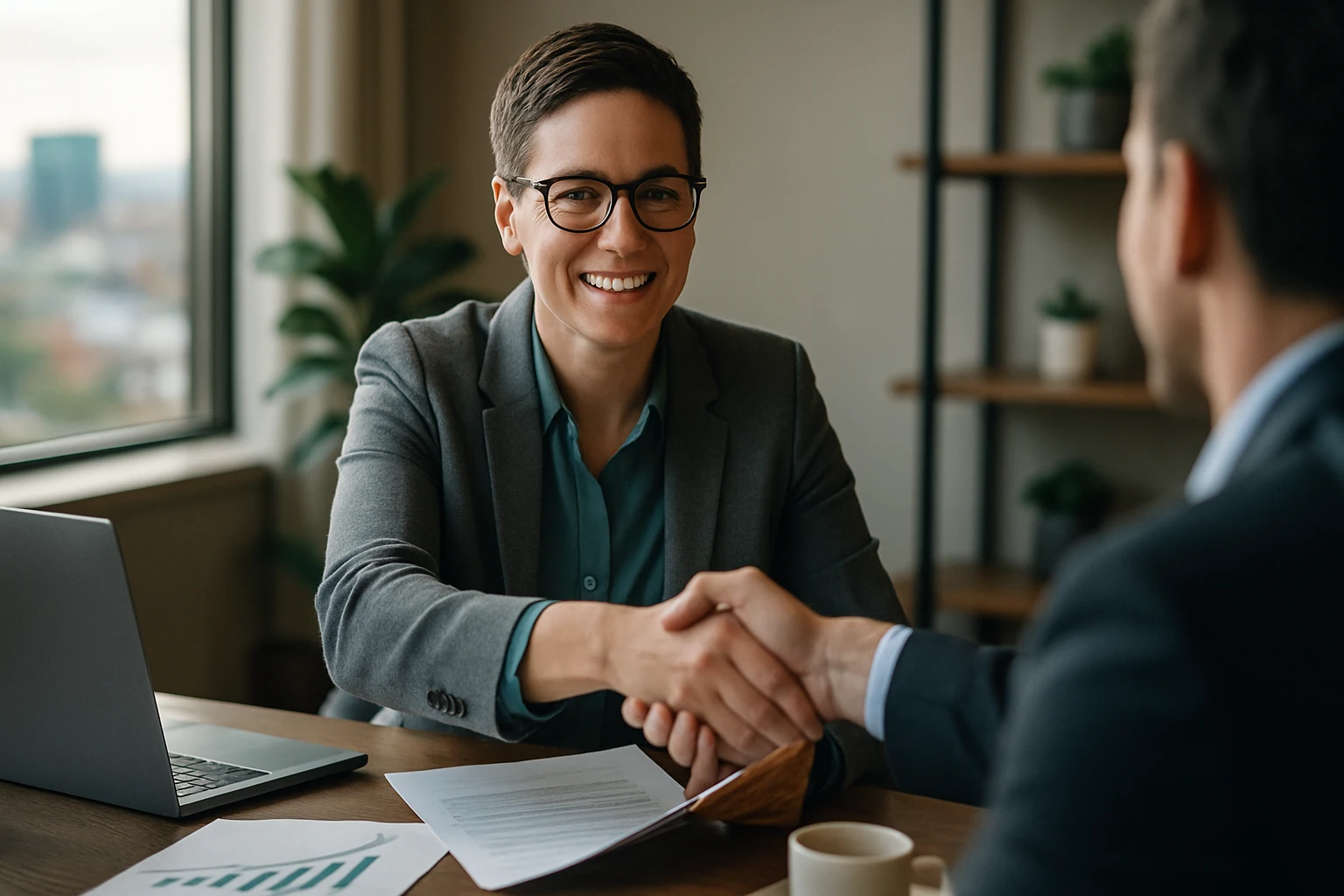 Két üzletember kezet fog egy modern irodában, mosolyogva, a háttérben városi kilátással.