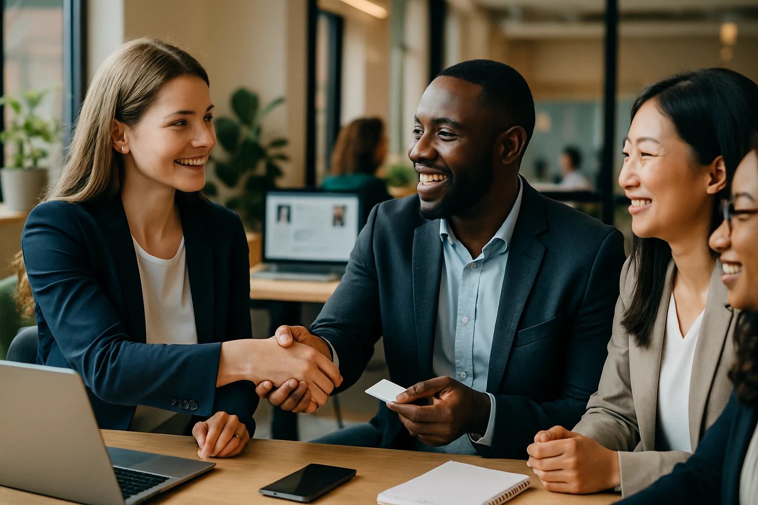 Négy üzletember barátságosan beszélget egy modern irodában, miközben kézfogással üdvözlik egymást.