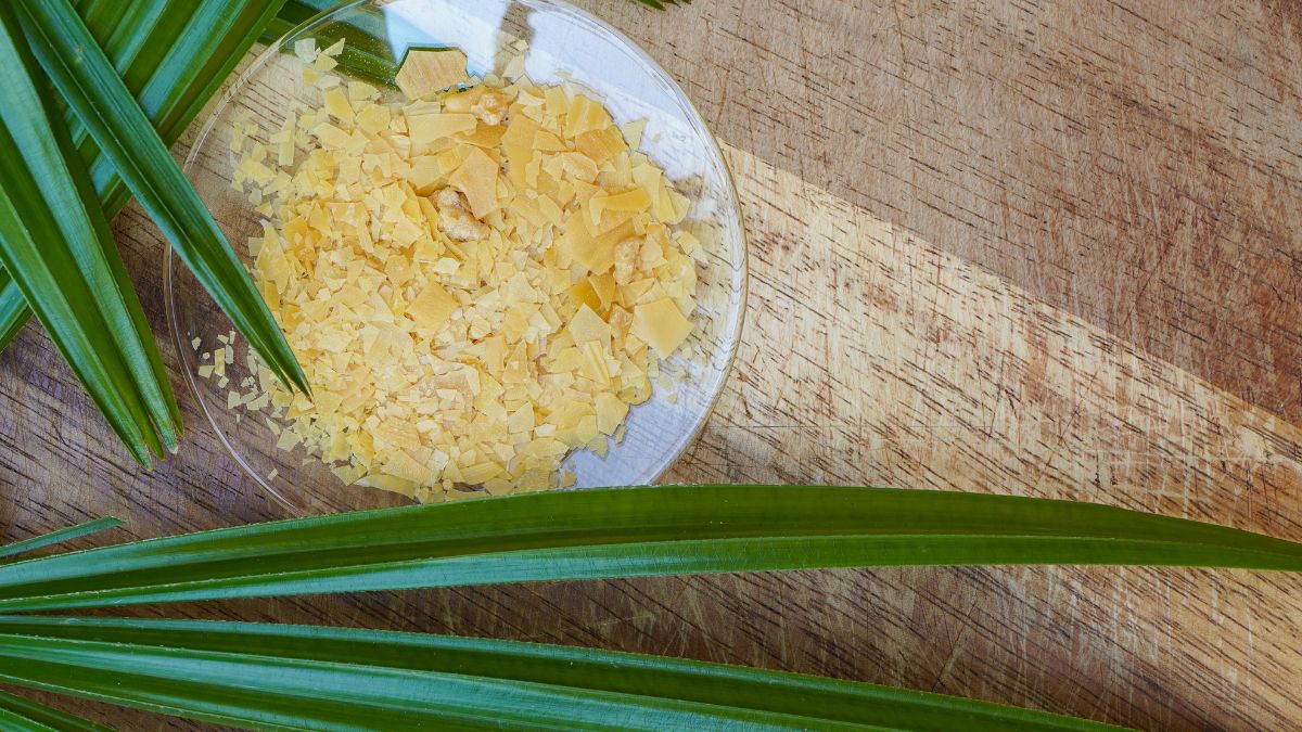 Egy üvegtálban carnauba viasz darabok láthatók, zöld pálmalevelek között.