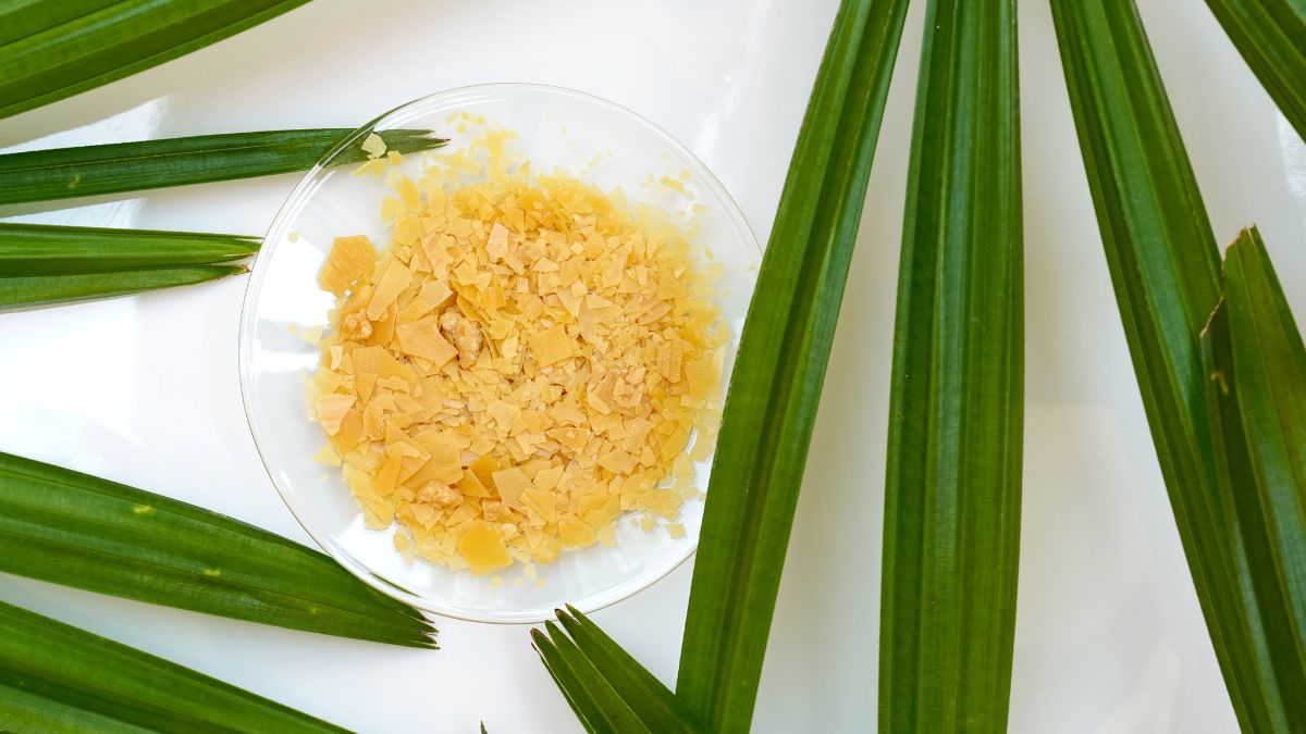 Egy üvegtálban carnauba viasz darabok láthatók, zöld pálmalevelek között.