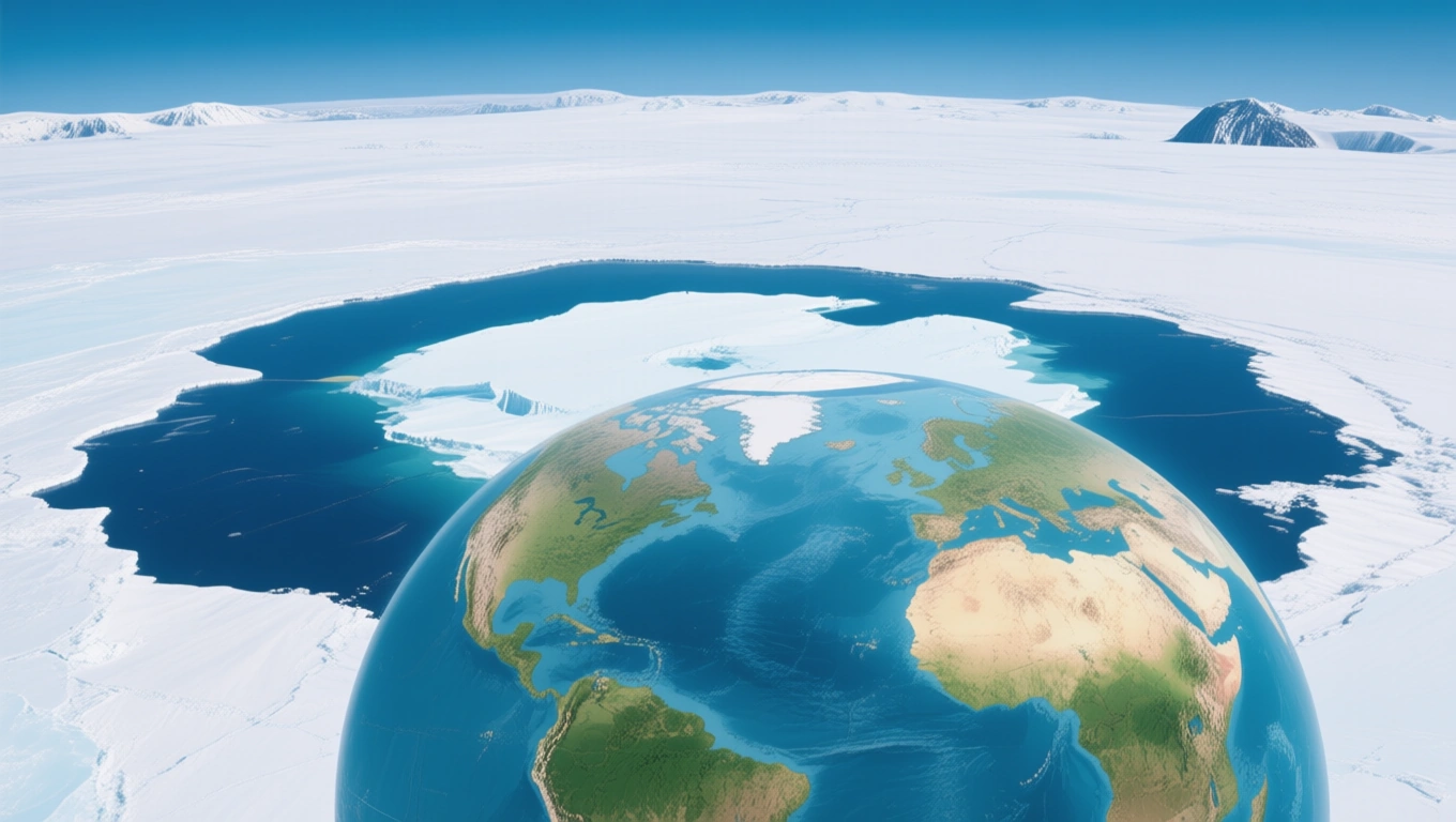 A Föld gömbje a Déli sarkkör körüli jégtakaró felett, tiszta éggel.