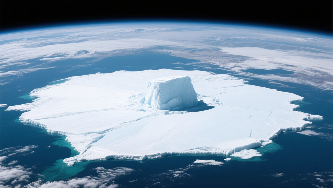 A Déli sarkkör közelében elhelyezkedő jéghegy, a tenger és a felhők látványával.