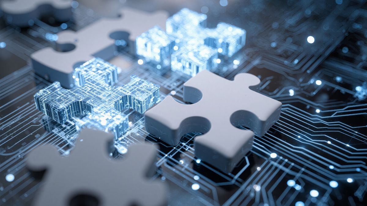 Digitális áramkörök és puzzle darabok, amelyek az elektronikus transzformátorok technológiáját szimbolizálják.